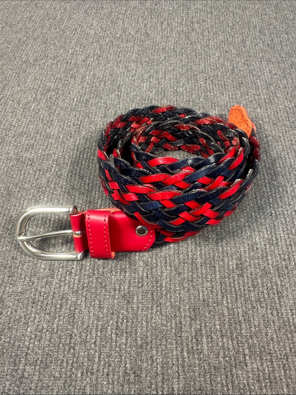 Vera Pelle Leather Belt Red & Navy Blue Braided - Made in Italy - Men's Size 36